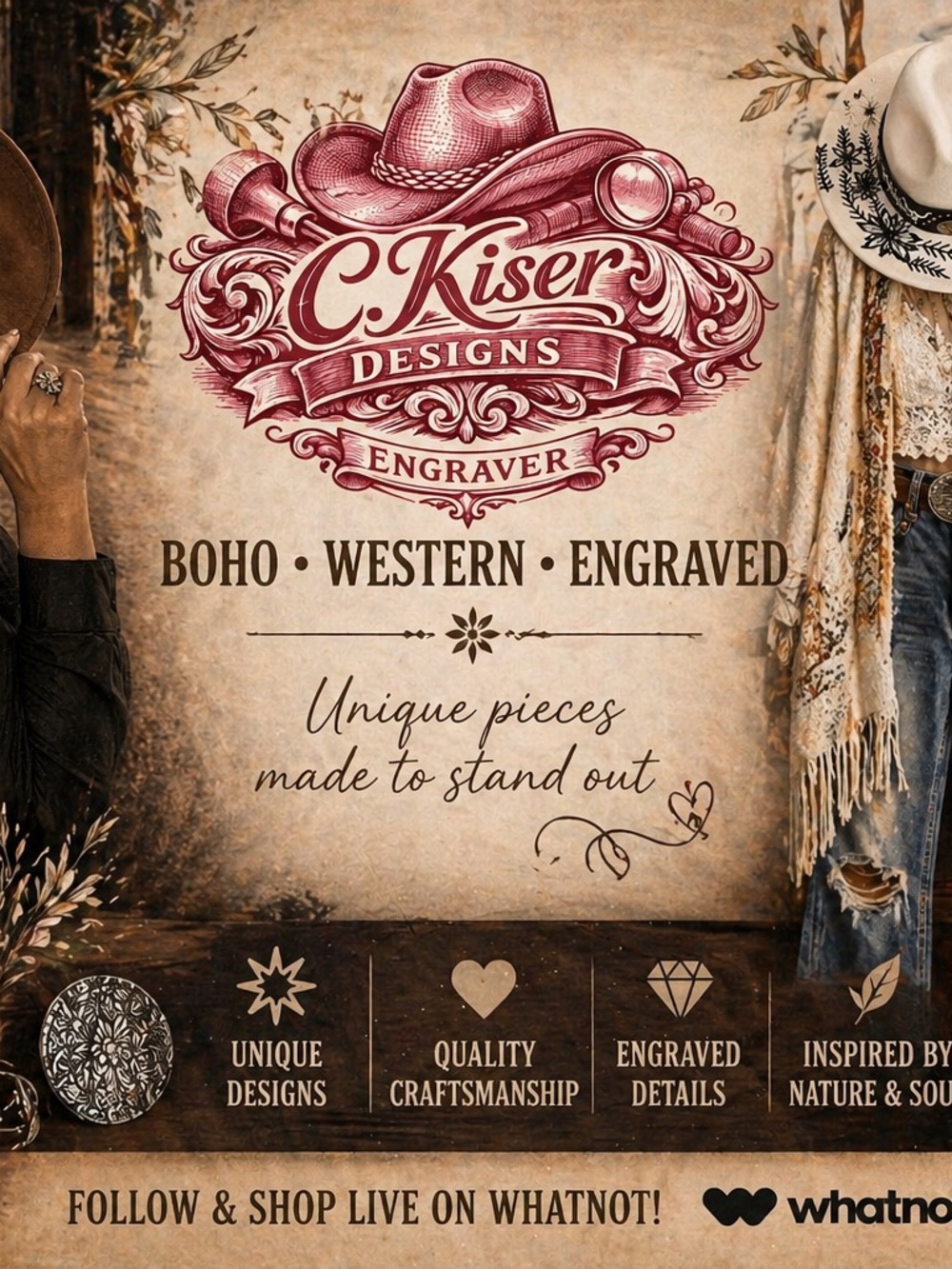 C. Kiser Designs Engraver Boho Western Sign - Red and Brown
